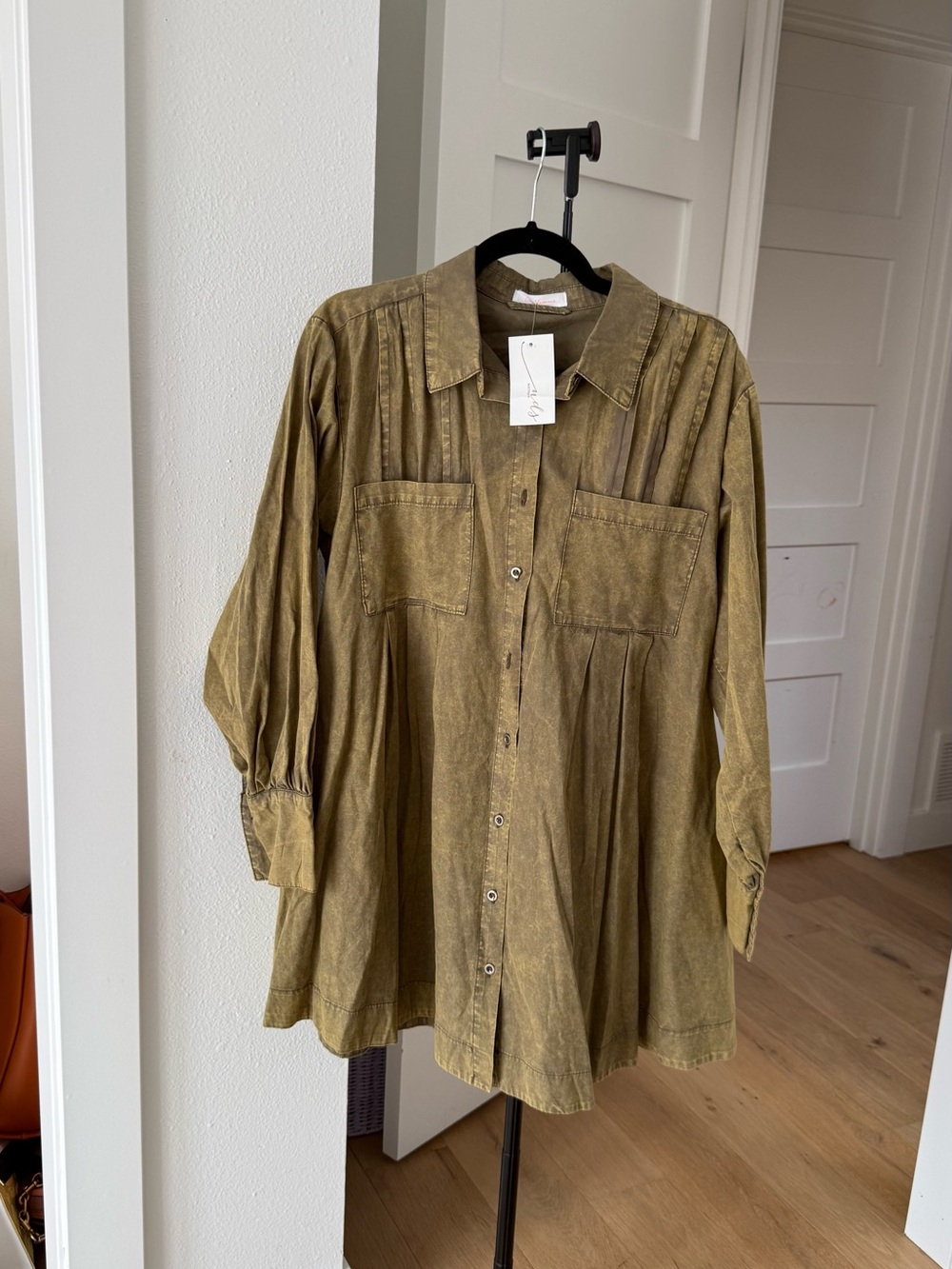 Oversized Olive Shirt Tunic with Front Pockets